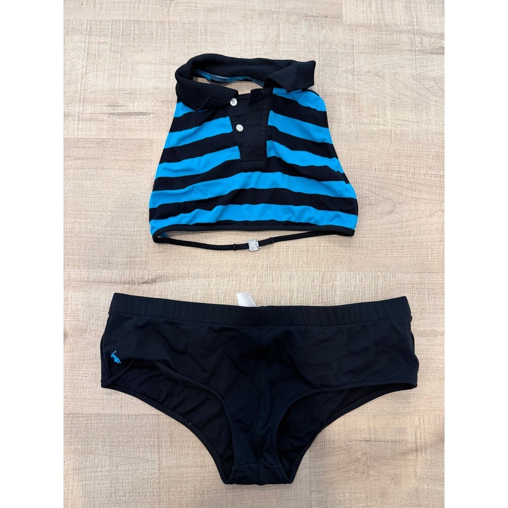 Polo Ralph Lauren 2 Piece Bikini Swimsuit Blue Black Stripe Collared Halter Wome